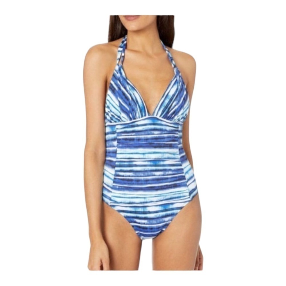 La Blanca BLUE Serene Stripe Tummy-Control Halter One Piece Swimsuit NWOT